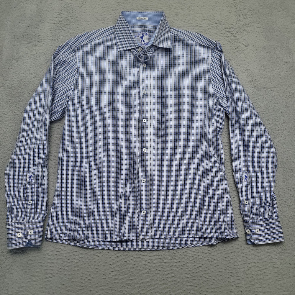 Bugatchi Shaped Fit Mens L Blue Checkered Button Down Long Sleeve‎ Shirt